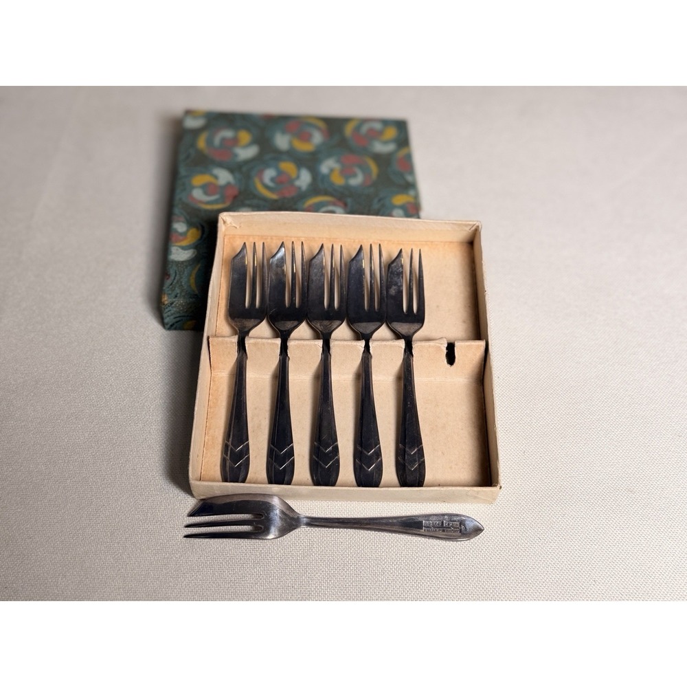 Vtg Art Deco MS LTD Sheffield EPNS Cake/Pastry Fork Set x6 Boxed England Chevron